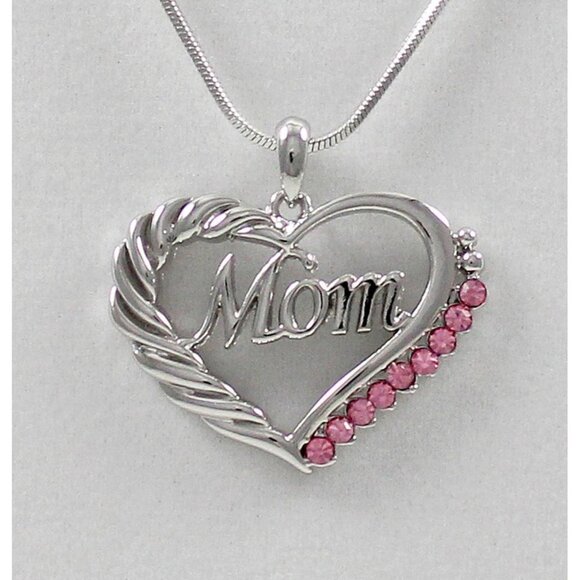 White Gold Plated Mom Heart Pendant Necklace Pink Crystals Mothers Day 18" NEW - Picture 1 of 4